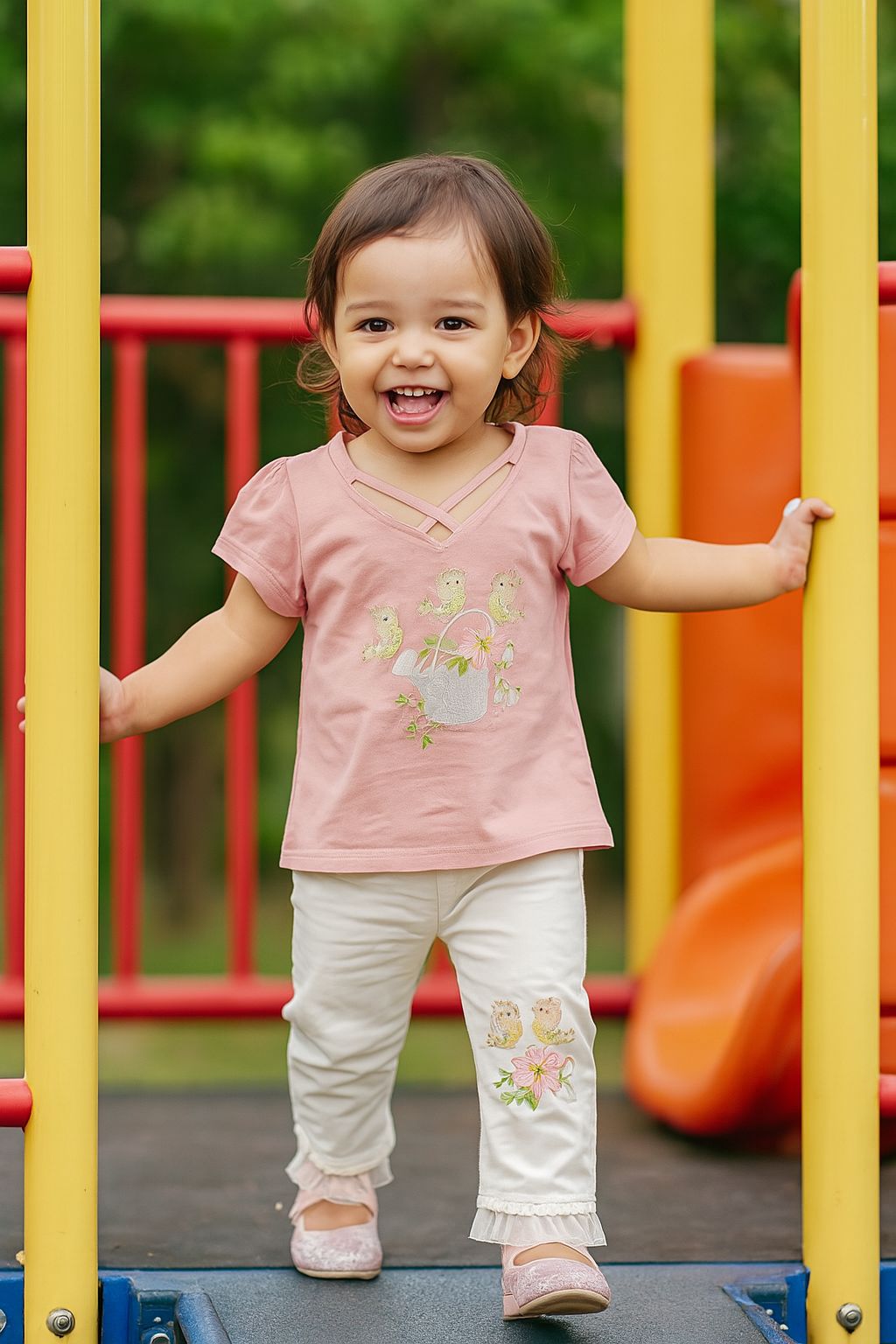 2-Piece Baby Girl Outfit – Blush Top with Cream Embroidered Pants (IK2PSETG-06)