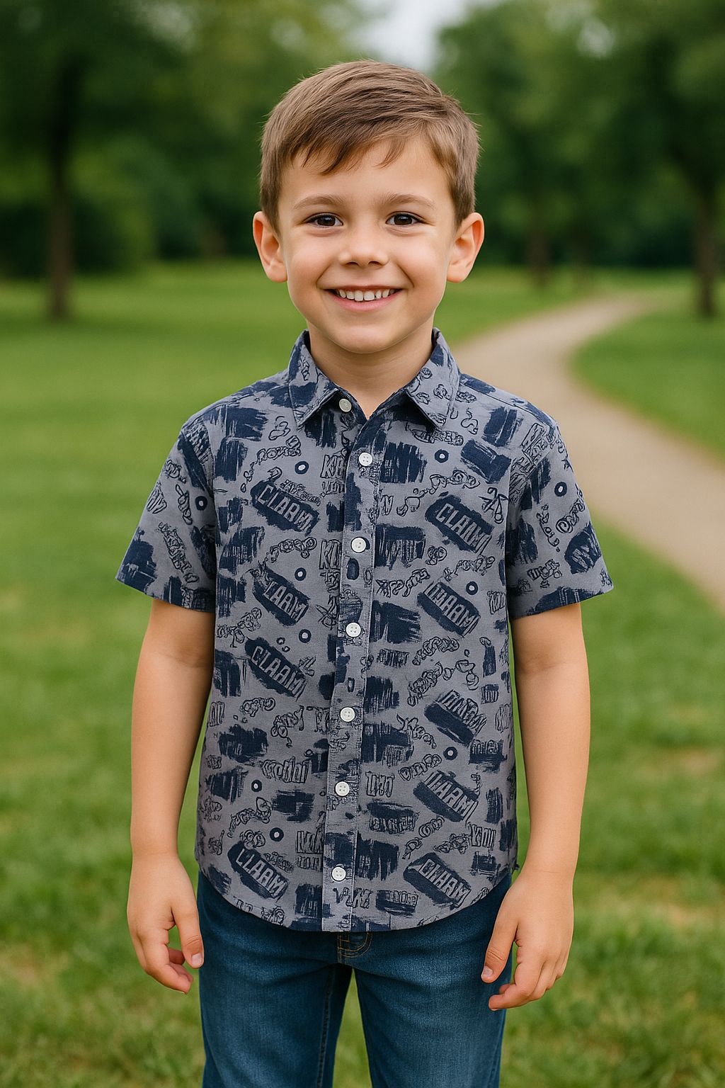 Boy’s Graphic Button-Up Short Sleeve Shirt (IKTSBU-02)