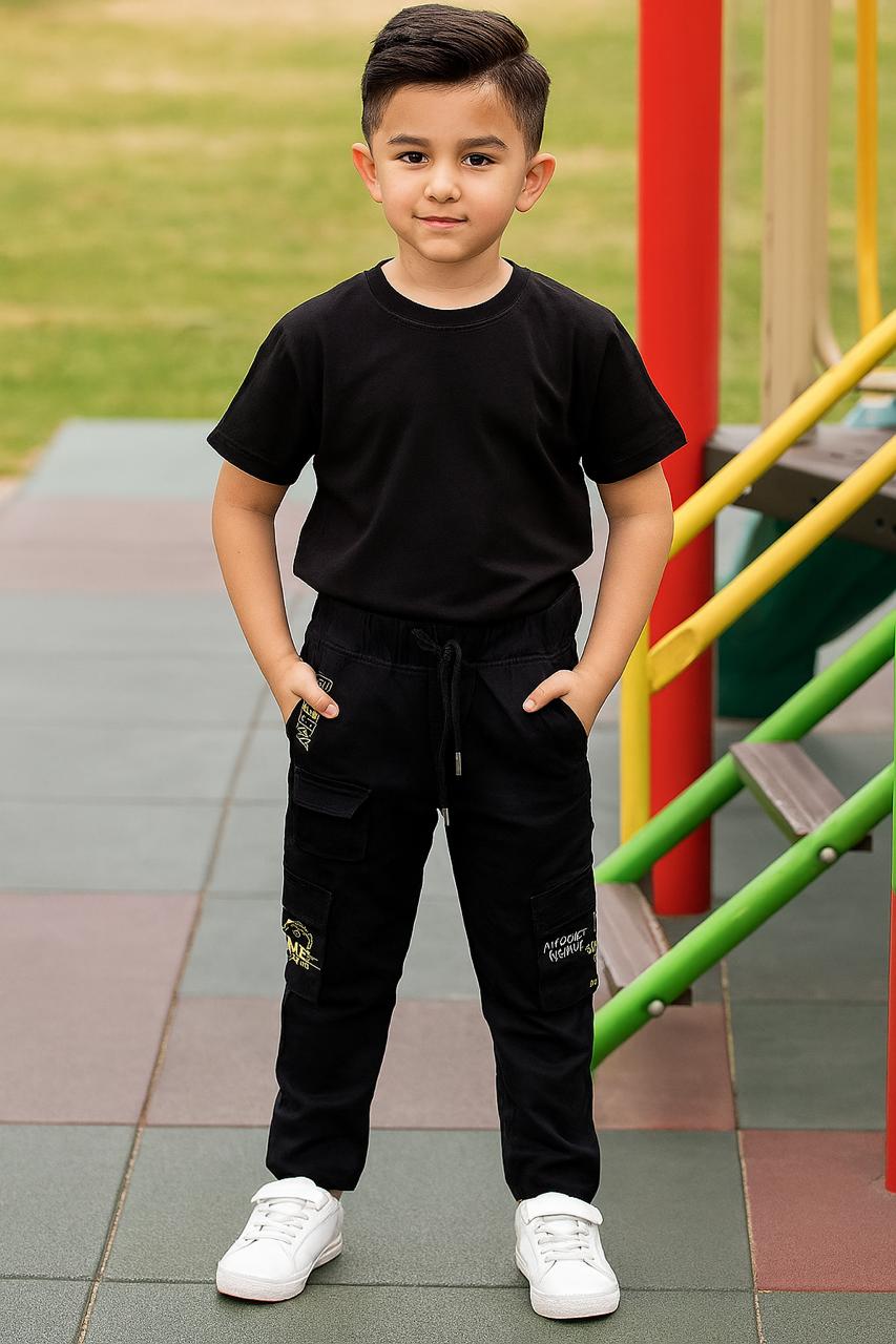 Boys' Black Graphic Cargo Joggers with Drawstring Waist (IKGMC-02)
