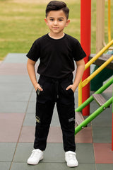 Boys' Black Graphic Cargo Joggers with Drawstring Waist (IKGMC-02)