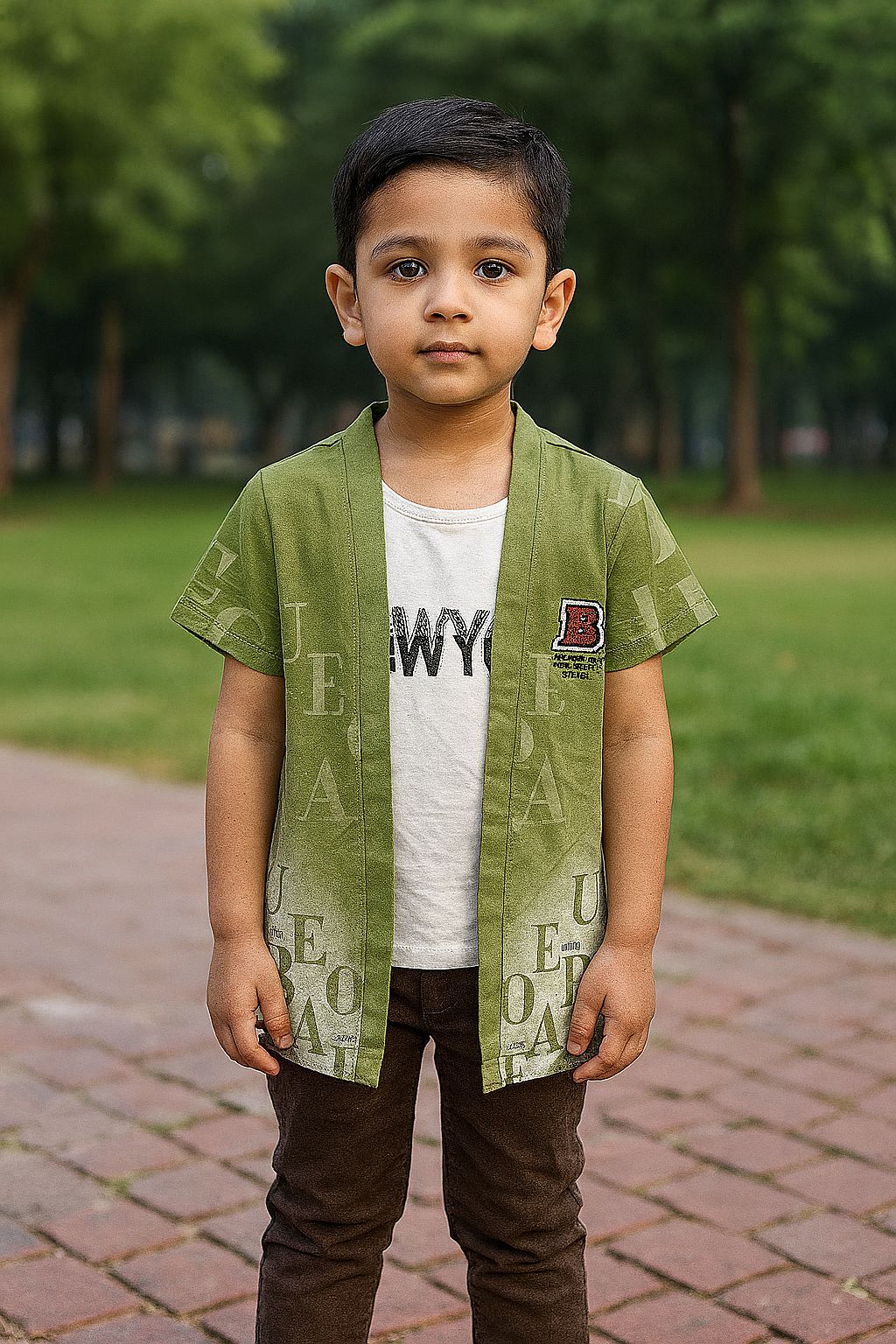 Boys' Casual 2-Piece Outfit – Olive Green Open Shirt, White Tee (IKTSBU-04)