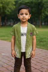 Boys' Casual 2-Piece Outfit – Olive Green Open Shirt, White Tee (IKTSBU-04)