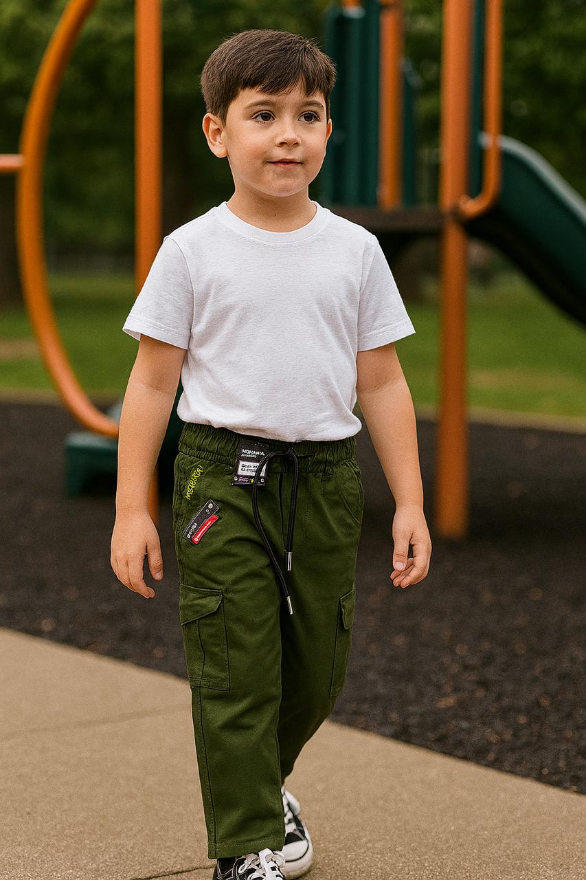 Boys' Olive Green Cargo  with Drawstring and Graphic (IKGMC-03)