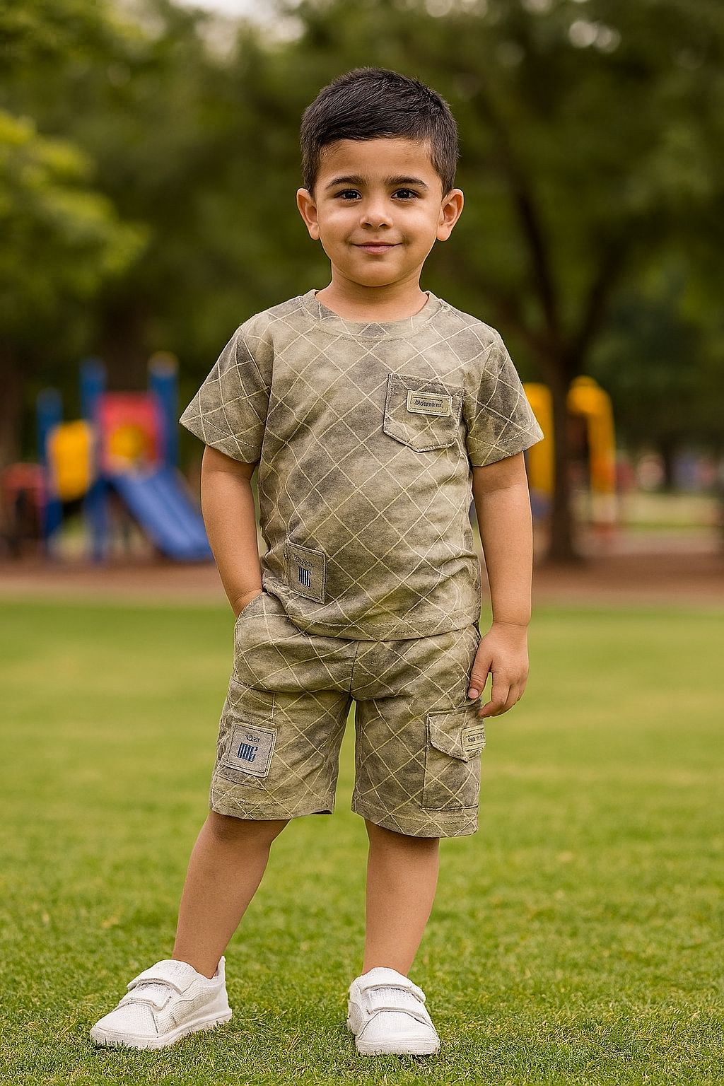 Boys' Olive Grid Pattern T-Shirt with Chest Pocket (IK2PSETB-04)
