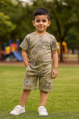 Boys' Olive Grid Pattern T-Shirt with Chest Pocket (IK2PSETB-04)
