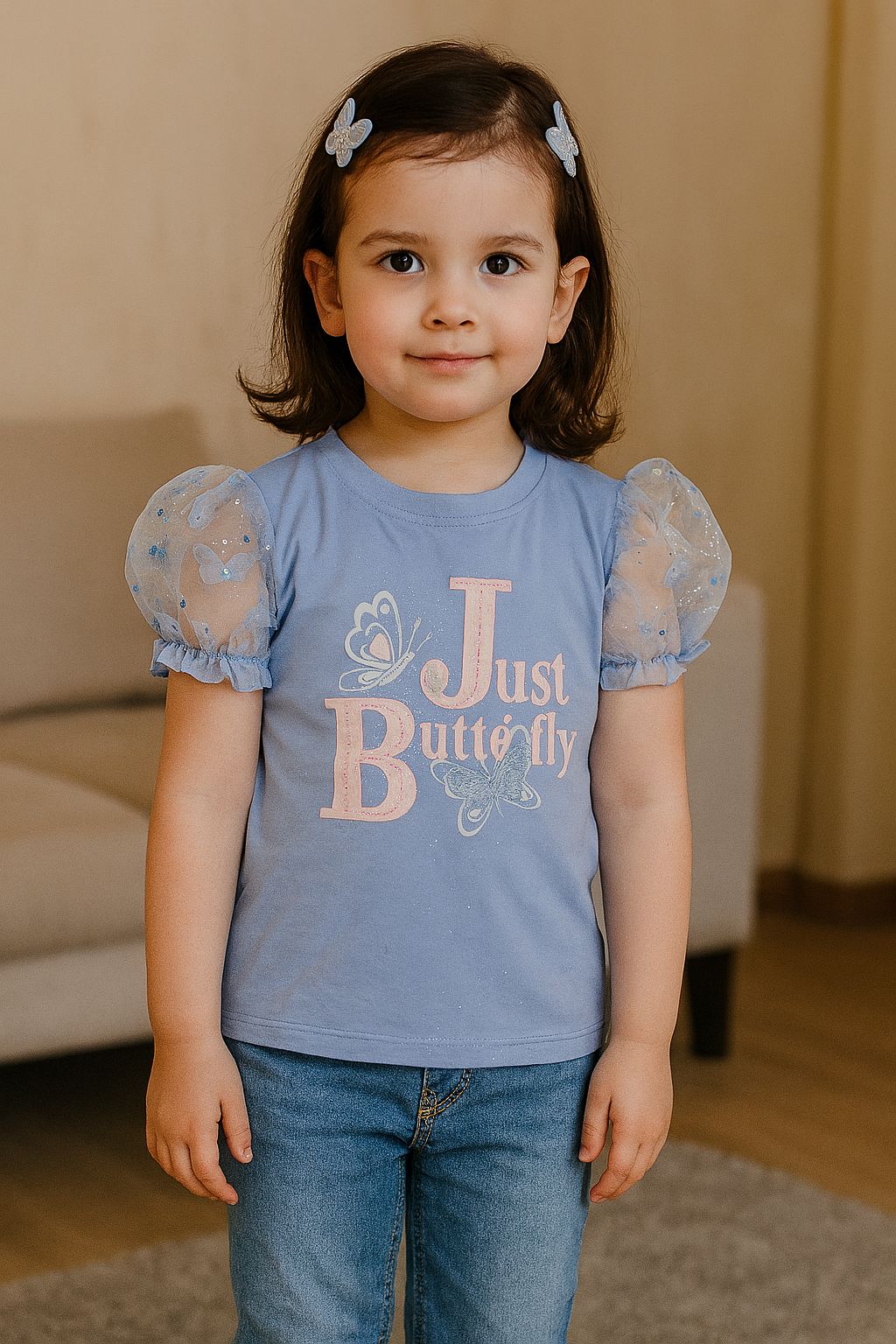 Girls' Blue "Just Butterfly" Puff Sleeve T-Shirt (IKTOPG-04)
