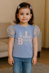 Girls' Blue "Just Butterfly" Puff Sleeve T-Shirt (IKTOPG-04)