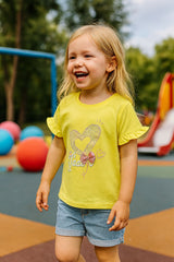 Girls' Heart Print Top with Frill Sleeves (IKTOPG-05)