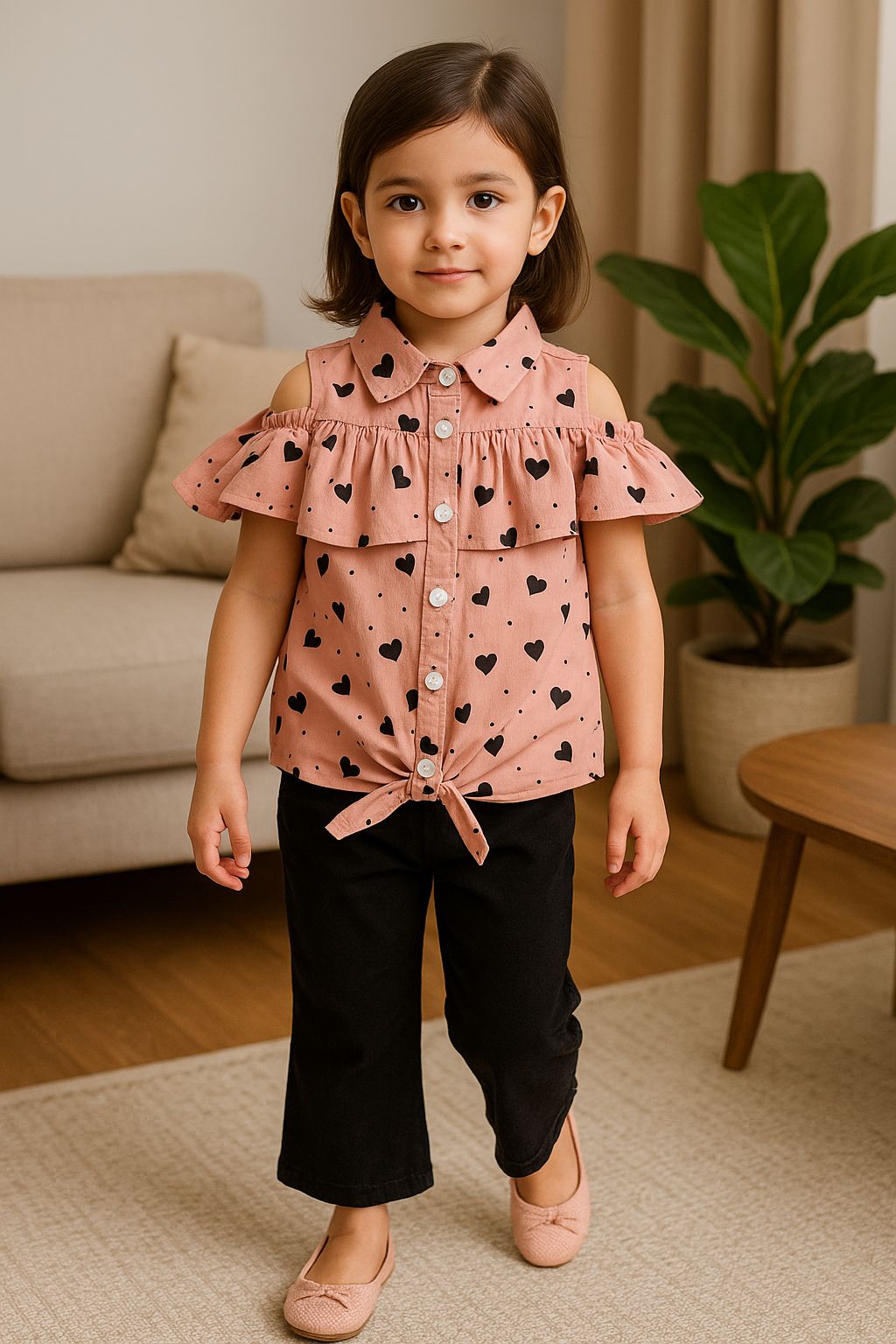 Girls’ Peach Heart Print Cold-Shoulder Top (IKGPT-01)