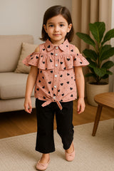 Girls’ Peach Heart Print Cold-Shoulder Top (IKGPT-01)