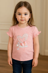 Girls' Pink Glitter Heart T-Shirt with Frill Sleeves (IKTOPG-03)