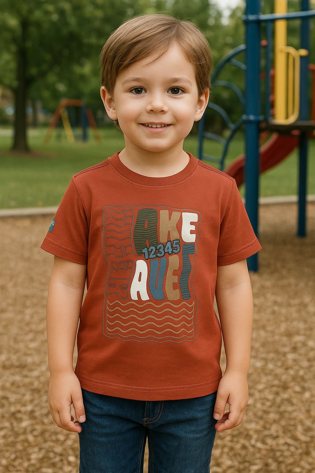 Rust Red Boys’ Tee with Wavy Print Design (IKTSBOYS-11)