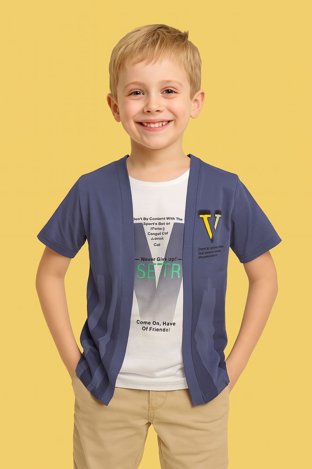 Smart & Playful: Boys’ Printed Tee with Open Navy Shirt (IKTSBU-05)