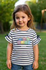 Striped Ruffle Sleeve T-Shirt with Teddy Bear Print (IKTOPG-08)