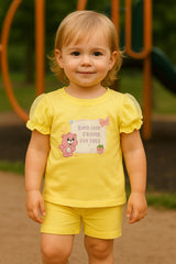 Toddler Girl's Yellow Puff Sleeve Bear Print Set (IKTOPG-02)