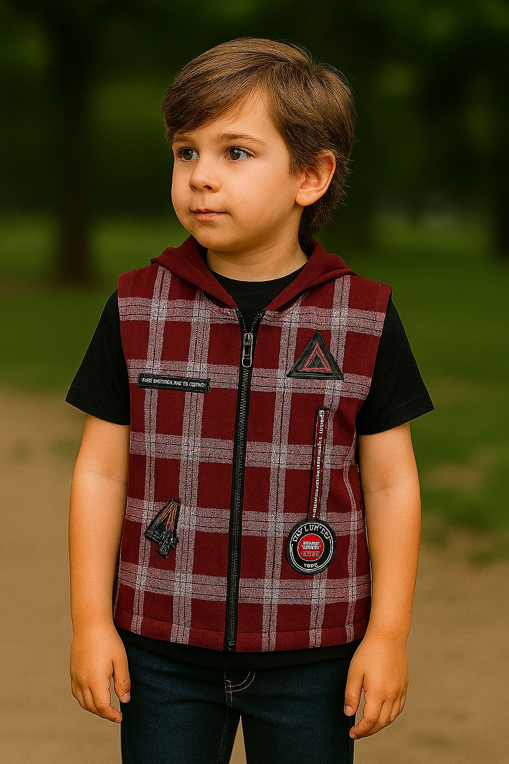 Boys' Hooded Plaid Zip-Up Vest (IKWSHB-01)