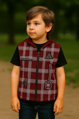 Boys' Hooded Plaid Zip-Up Vest (IKWSHB-01)